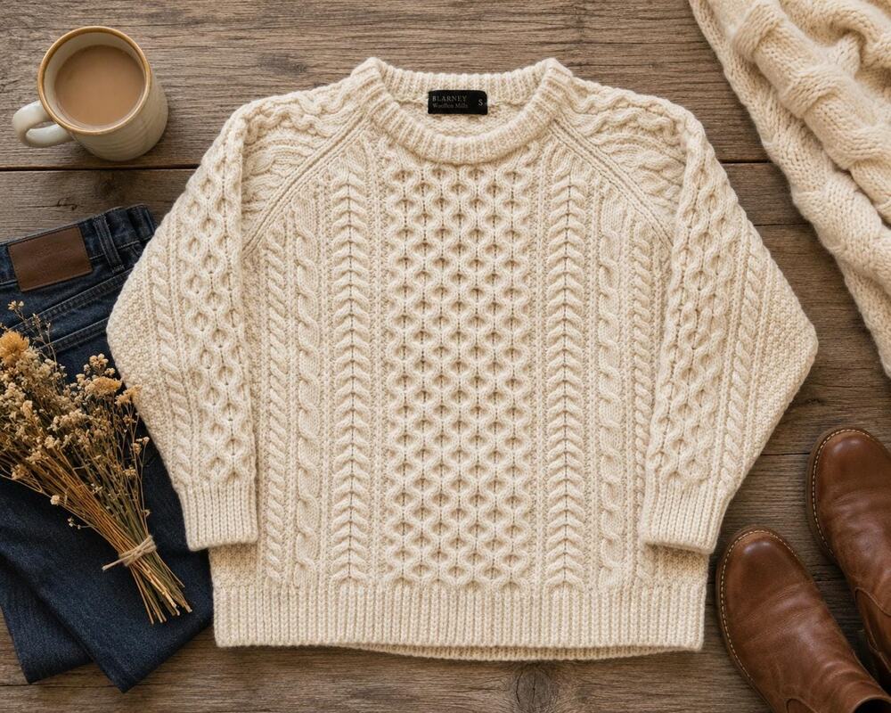 Blarney Woollen Mills Aran Sweater Cream Cable Knit Fisherman Wool Pullover S